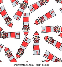Lighthouse seamless pattern. Marine and nautical theme background. Doodle style vector illustration