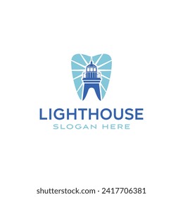 Lighthouse Searchlight Beacon searchlight ocean with Tooth teeth Dentist dental Logo Design Inspiration
