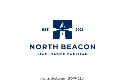 Lighthouse Searchlight Beacon Tower Island Beach Coast with North Compass Arrow Up Logo Design Inspiration