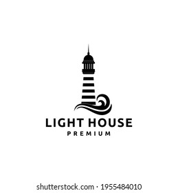 Lighthouse Searchlight Beacon Tower Island Beach Coast with Wave Logo Design Inspiration
