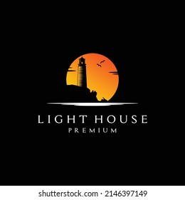 Lighthouse Searchlight Beacon Tower Island Beach Coast Silhouette With Sunset Or Sunrise Logo