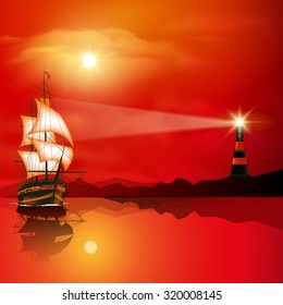 Lighthouse searchlight beam near ocean at sunset. Vector illustration