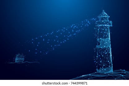 Lighthouse searchlight beam through Yacht in the sea from lines and triangles, point connecting network on blue background. Illustration vector