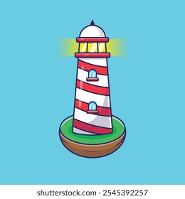 Lighthouse or searchlight tower building cartoon vector illustration object with little land underneath 