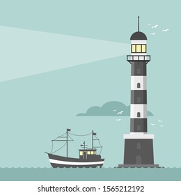 Lighthouse. Searchlight tower for maritime navigation guidance. Stock flat vector illustration.