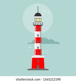 Lighthouse. Searchlight tower for maritime navigation guidance. Stock flat vector illustration.