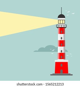 Lighthouse. Searchlight tower for maritime navigation guidance. Stock flat vector illustration.