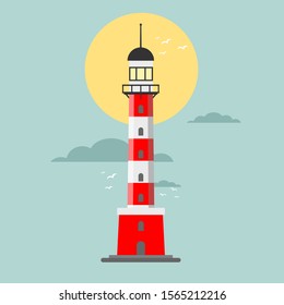 Lighthouse. Searchlight tower for maritime navigation guidance. Stock flat vector illustration.