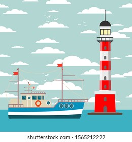 Lighthouse. Searchlight tower for maritime navigation guidance. Stock flat vector illustration.