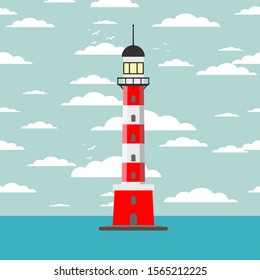 Lighthouse. Searchlight tower for maritime navigation guidance. Stock flat vector illustration.