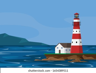 Lighthouse, seascape bluesky with mountain, flat design, vector illustration