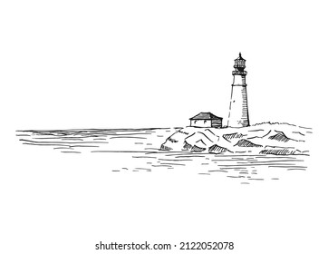 Lighthouse. Seascape. Hand drawn vector illustration.