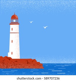 Lighthouse seascape horizon with blue sky.Vector illustration