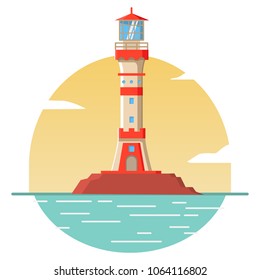 Lighthouse  seascape poster.Concept of design of an icon or logo for the website. Flat vector.Rock in sea tower.