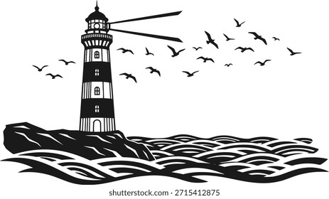 Lighthouse seascape silhouette vector illustration with birds for nautical travel and ocean safety logos.