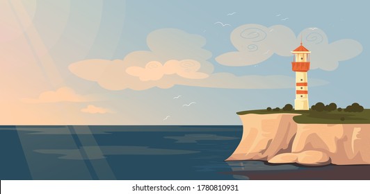 Lighthouse and seascape vector illustration. Cartoon flat lighthouse tower on rock stone island, blue sea bay landscape, waves and seagulls. Beacon in ocean water for safe navigation travel background