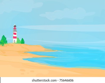 lighthouse seen from a tiny beach