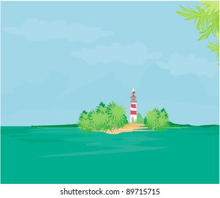 lighthouse seen from a tiny beach