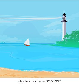 lighthouse seen from a tiny beach