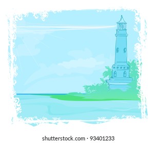 lighthouse seen from a tiny beach