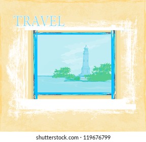  lighthouse seen from a tiny beach - Grunge Poster
