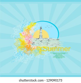 lighthouse seen from a tiny beach - Grunge Poster