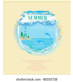 lighthouse seen from a tiny beach - Grunge Poster