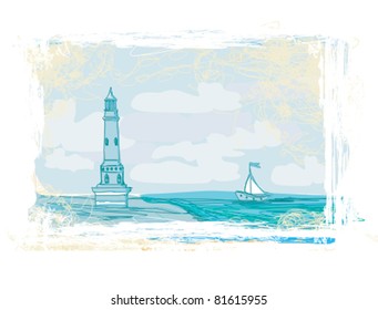 lighthouse seen from a tiny beach - Grunge Poster