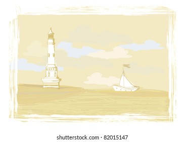 lighthouse seen from a tiny beach - Grunge Poster