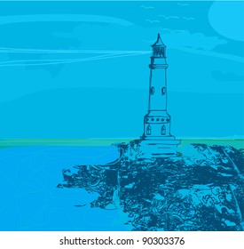 lighthouse seen from a tiny beach - Grunge Poster