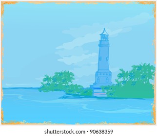 lighthouse seen from a tiny beach - Grunge Poster