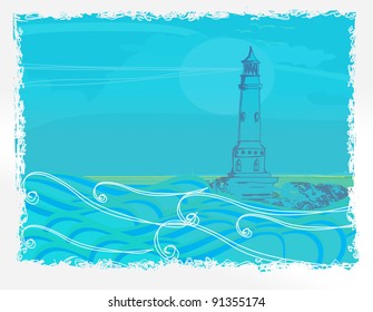 lighthouse seen from a tiny beach - Grunge Poster