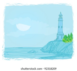 lighthouse seen from a tiny beach - Grunge Poster