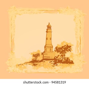 lighthouse seen from a tiny beach - Grunge Poster