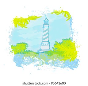 lighthouse seen from a tiny beach - Grunge Poster