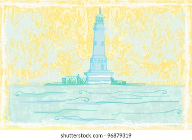 lighthouse seen from a tiny beach - Grunge Poster