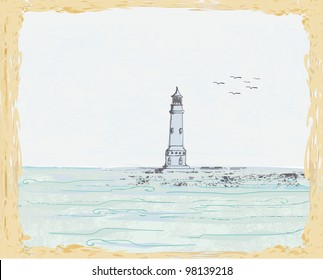 lighthouse seen from a tiny beach - Grunge Poster