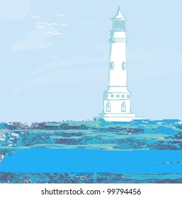 lighthouse seen from a tiny beach - Grunge Poster