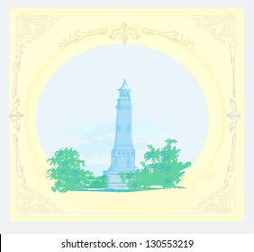 lighthouse seen from a tiny beach - vintage Poster