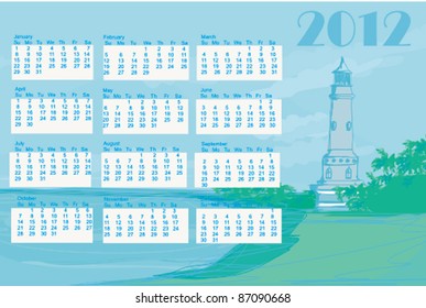 lighthouse seen from a tiny beach - vintage template for calendar 2012