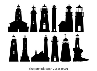 Lighthouse, set of black and white illustrations, silhouettes. Template for plotter lazer cutting of paper, wood. svg