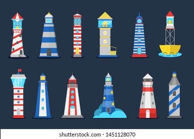 Lighthouse set. Collection of beacon for ship navigation and safety. Marine building. Isolated vector illustration in cartoon style