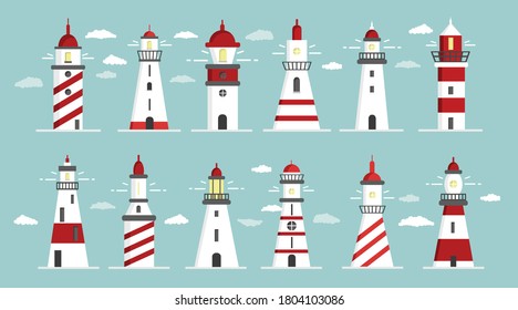 Lighthouse set. Flat design, vector illustration.