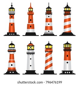 Lighthouse Set Flat Style on White Background. Vector