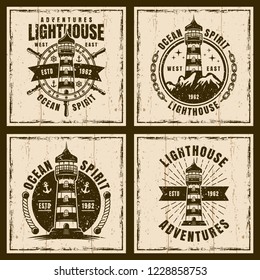 Lighthouse set of four nautical vector brown vintage emblems, labels, badges or t shirt prints on background with grunge textures