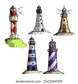 lighthouse set hand drawn. tower lightkeeper, lens signal, guide ocean lighthouse vector sketch. isolated color illustration