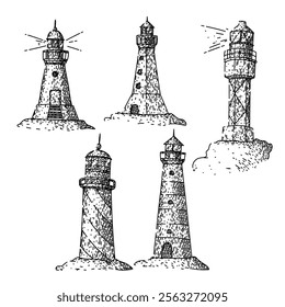 lighthouse set hand drawn. tower lightkeeper, lens signal, guide ocean lighthouse vector sketch. isolated black illustration