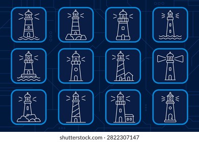 Lighthouse set icon. Coastal beacon, rocky tower, harbor landmark, maritime guidance, waterfront structure, shoreline signal, striped architecture, navigational aid, ocean safety