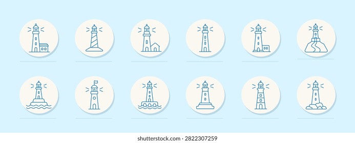 Lighthouse set icon. Coastal beacon, striped tower, shoreline landmark, navigation guide, maritime safety, ocean signal, harbor structure, waterfront illumination, rocky cape, seascape orientation