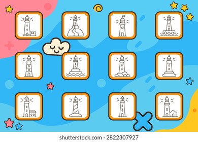 Lighthouse set icon. Coastal beacon, shoreline tower, harbor guidance, maritime landmark, ocean signal, rocky foundation, striped structure, waterfront navigation, seascape safety